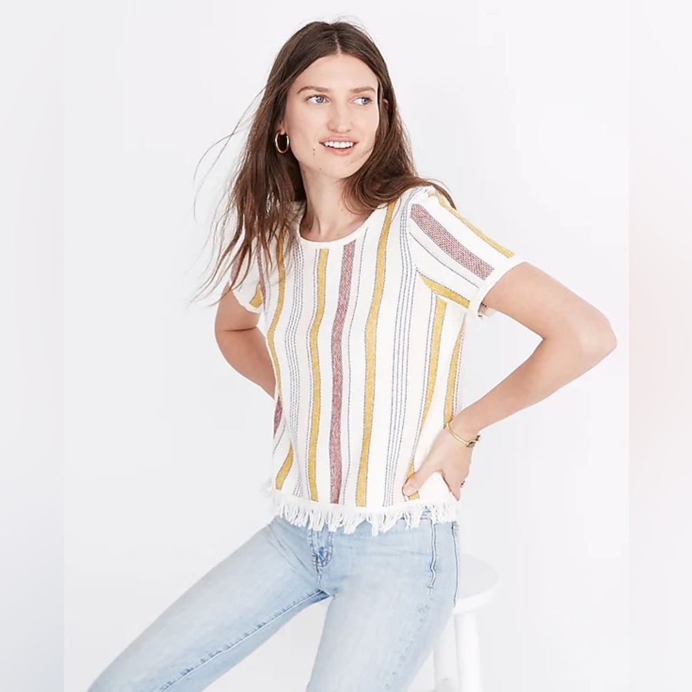 Striped Fringe Hem Short Sleeve Top in White, Mustard & Mauve